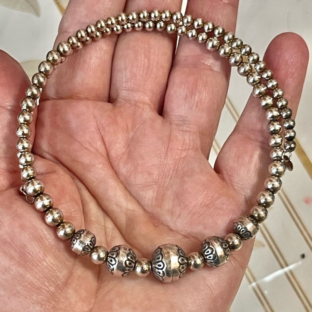 Vtg Southwest Relios Carolyn Pollack  Sterling Pearl Ball Bead Tension Necklace
